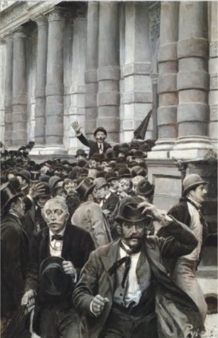 Gemälde von Howard Pyle: panische Menschenmenge verlässt die New Yorker Börse