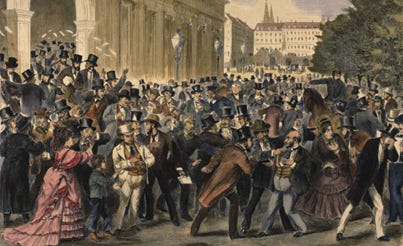 Zeitgenössischer Holzstich: aufgebrachte Menschenmenge vor der Wiener Börse am 9. Mai 1873